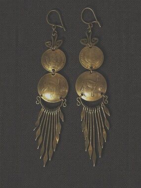 Vintage Peruvian Coin Earrings | Brass Fringe Dangle Tribal Boho Jewelry